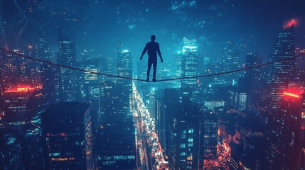 Daring Tightrope Walker Balances Above City Lights at Night