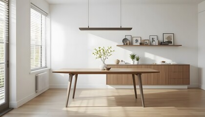 minimalist dining area featuring a wooden dining table with clean lines
