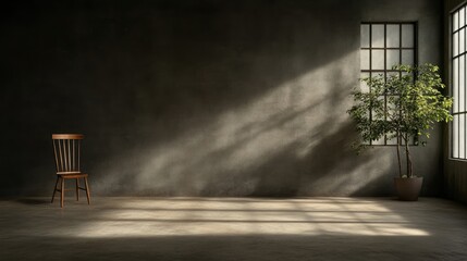 Empty room with wooden chair and plant by window, bathed in sunlight
