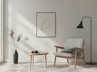 A minimalist Scandinavian living room with a stylish armchair and a wooden coffee table