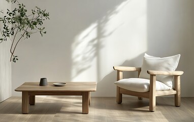 A minimalist Scandinavian living room with a wooden coffee table, soft armchair, and a plant