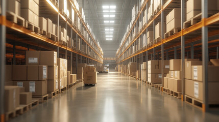 Fototapeta premium Vast warehouse interior with rows of high shelves stocked with numerous boxes, reflecting an organized distribution or storage center.