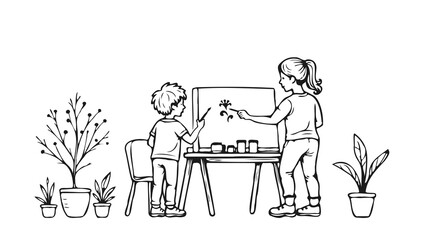 Kids drawing picture. Teacher shows art lesson. Education learning children nature science eco development. Simple line art white background vector illustration