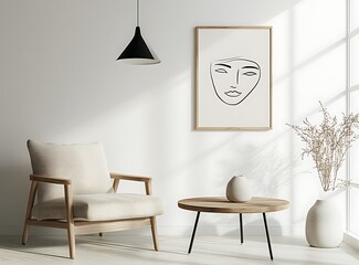 A minimalist Scandinavian living room with a cozy armchair, a clean wooden coffee table, and a black pendant lamp