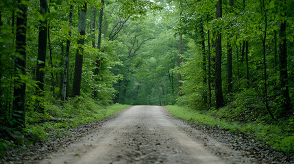 Obraz premium Dirt Road Leading Through Lush Green Forest Trees And Foliage With Sunlight And Serene Atmosphere