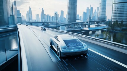 Futuristic Cityscape: Autonomous Vehicle on Elevated Highway