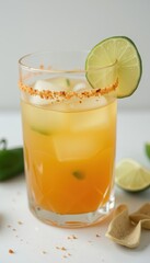 Fototapeta premium Refreshing cocktail with lime slice and garnish on a light background 