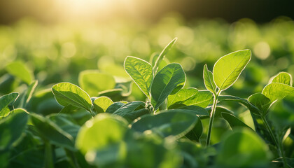 Obraz premium Soybean Field Sunrise Lush Green Leaves, Agriculture, Farming, Nature