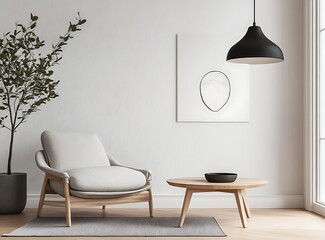 A minimalist Scandinavian living room with a cozy armchair, a clean wooden coffee table, and a black pendant lamp