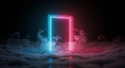 Neon glowing frame in fog for digital abstract art and creative cyber futurism concept design, portal to virtual reality, technology backdrop for presentations