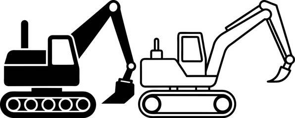 Excavator line art vectors collection black and white, Vector of black excavator set design
