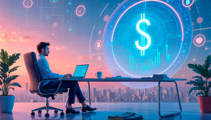 Businessman sitting on a chair with a laptop in an office setting