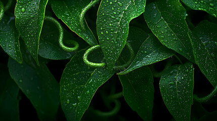 Fototapeta premium Close Up Of Dewy Green Leaves