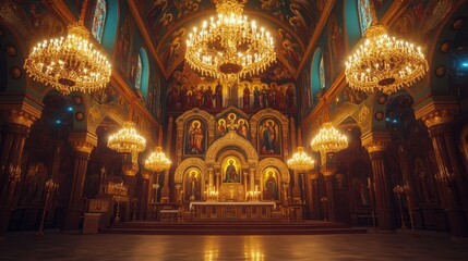 Inside a beautifully ornate Orthodox church glowing chandeliers intricate frescoes of saints covering the ceiling golden altar icons deep sense of tradition and reverence