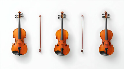 Fototapeta premium Four Violins And Bows On White Background