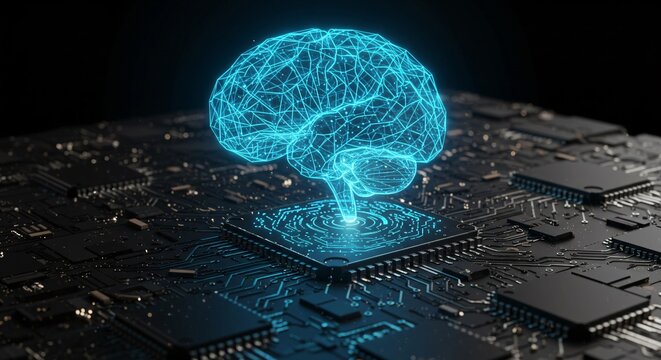 Artificial intelligence system on circuit board, science concept. Neural network brain connecting to CPU, digital technology solution for learning & processing data