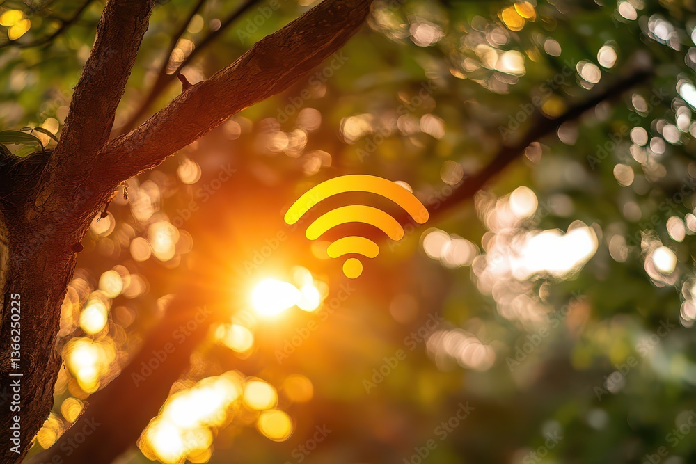 Poster sunset filtering through tree branches with a wi-fi symbol overlay, signifying connectivity
