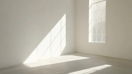 Obraz premium Empty room with bright sunlight casting shadows on white walls. Window in corner provides soft light. Versatile studio space ideal for product presentation. Minimalist design. Modern interior setting.