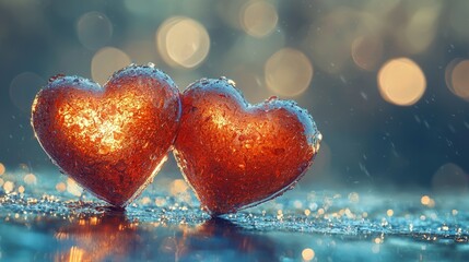 Fototapeta premium Shimmering Red Hearts with Water Droplets on a Soft Background