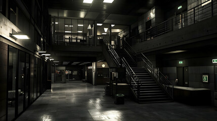 Obraz premium Dark Interior With Hallway Staircase and Open Office Spaces in a Modern Industrial Building