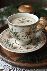 Fototapeta premium Cozy autumn morning A floral teacup filled with warm beverage sits on a matching saucer, nestled on a rustic wooden tray.