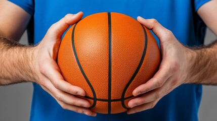 Fototapeta premium Hands Holding a Basketball with Blue Shirt in Background