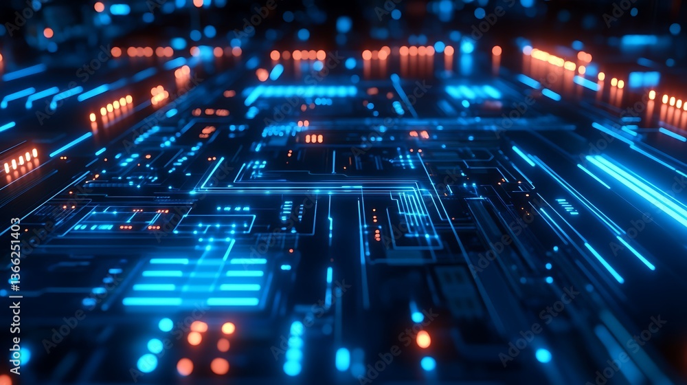 Poster abstract circuit board technology background with glowing lines, data flow, and futuristic design fo