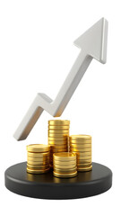 Gold coin stacks with upward arrow on black pedestal symbolizing profit growth