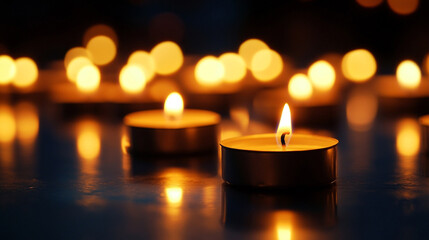 Burning Tea Light Candles in Dark Background, Warm Ambient Lighting, Remembrance, Peace