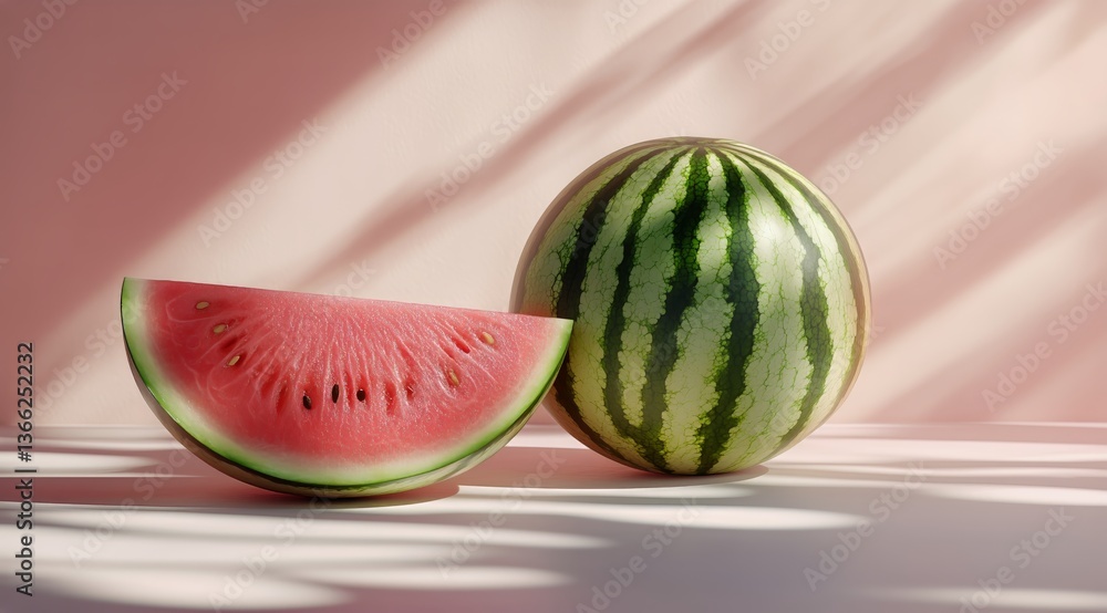 Poster fresh watermelon half and whole on a table with soft light and shadows