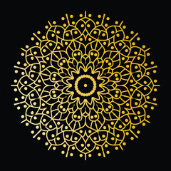 A detailed gold mandala on a black background with intricate, symmetrical patterns. The vibrant gold contrasts sharply with the dark backdrop, creating an elegant, timeless, and harmonious artistic de