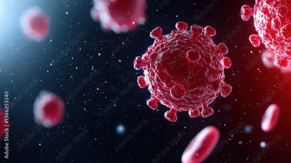 Poster close-up visualization of red virus particles in space