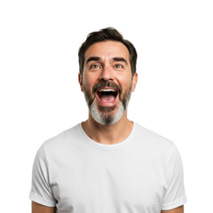 Fototapeta premium An ecstatic middle-aged man with a beard is overcome with joy, expressing it with a wide open mouth.