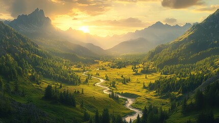 Obraz premium Mountain Valley Landscape with River Flowing Through Lush Green Meadow at Sunset