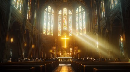 Fototapeta premium Majestic Gothic cathedral interior golden sunlight streaming through stained glass Holy Cross glowing at the altar wooden pews filled with worshipers in prayer