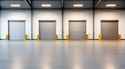 Interior of an empty modern warehouse with four closed loading dock doors and polished concrete flooring.
