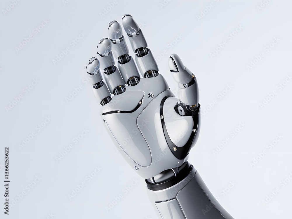 Poster futuristic robot hand waving, isolated on white. artificial intelligence concept. advanced technolog