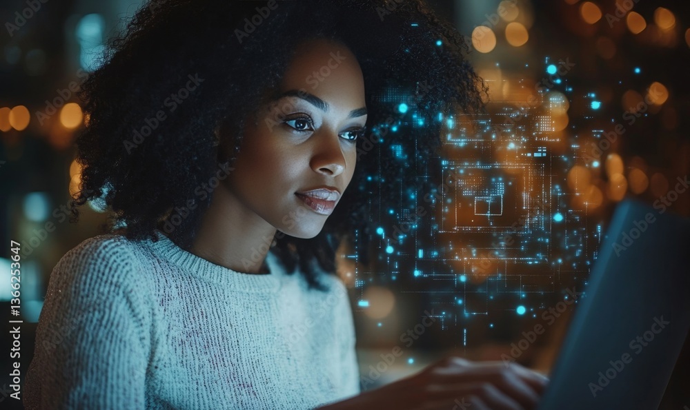 Poster woman using laptop digital technology modern interface network data cyber future screen coding