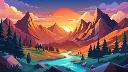Mountain valley during sunset. Natural summer landscape