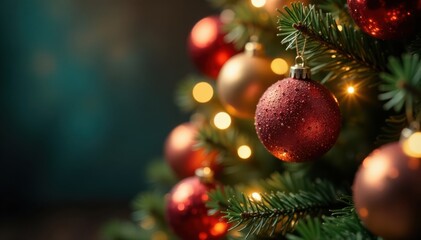 Fototapeta premium Glittering Christmas tree surrounded by colorful baubles and sparkling lights in soft focus, Christmas Tree, Sparkling Ornaments