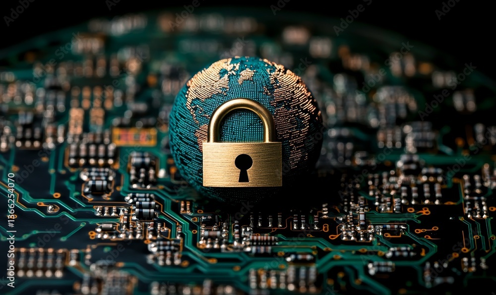 Poster global network security digital padlock world technology internet protection secure data privacy