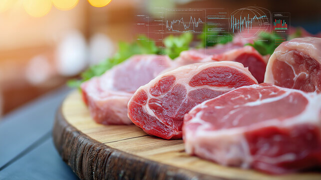 Raw meat slices on a wooden cutting board with a digital financial stock chart overlay.

