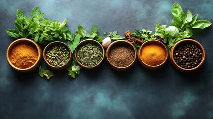 Aromatic Spices and Herbs Arranged in Bowls