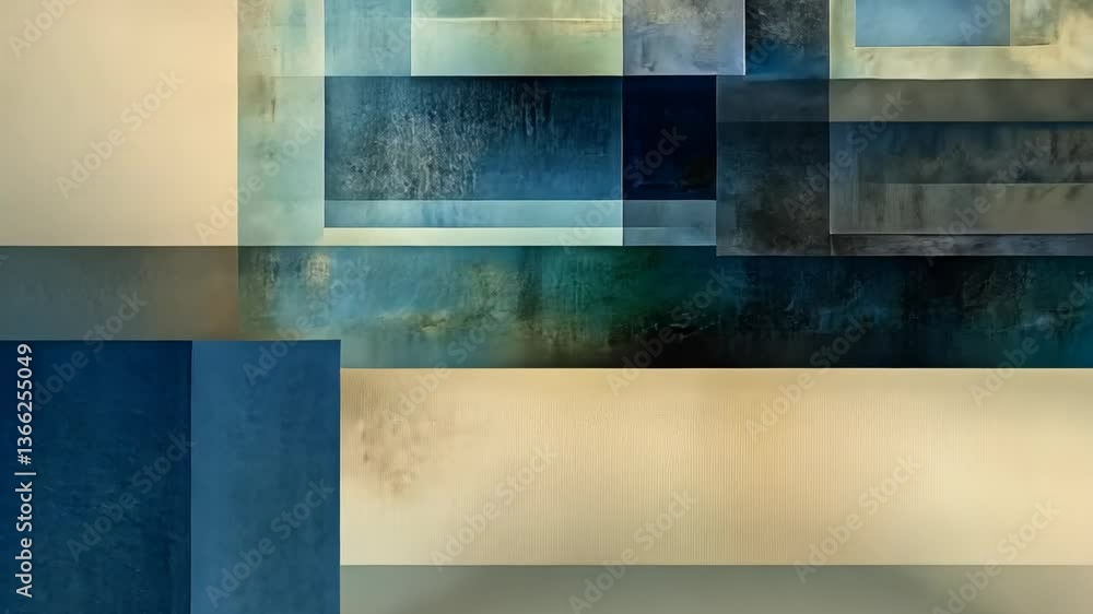 Poster abstract geometric composition featuring layers of blue and beige colors in a modern design setting