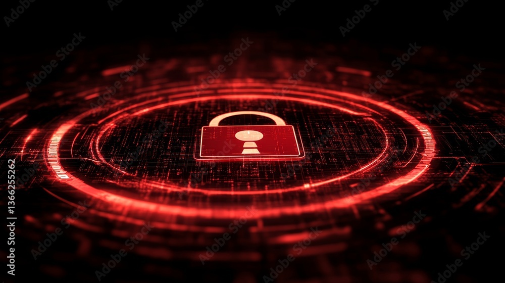 Poster digital security red padlock abstract technology background data code glow cyber alert system safety
