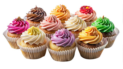 Assortment of Deliciously Frosted Cupcakes in Various Colors and Flavors