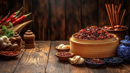 Fototapeta premium Assorted Dried Spices and Herbs in a Wooden Steamer Basket