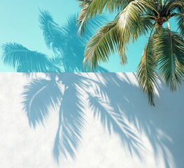 minimal summer holidays background, palm tree and a white wall against blue sky, shadow of the tree on the wall, on a sunny day