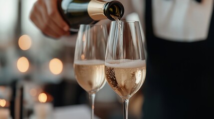 A waiter is pouring champagne into two glasses. The glasses are full and the champagne is bubbly. The man is wearing a black apron and a white shirt. The scene is set in a restaurant or bar