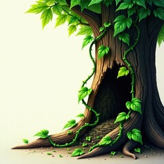 Obraz premium Leafy vines snaking through a hollowed-out tree trunk , exotic leaves, dark patterns